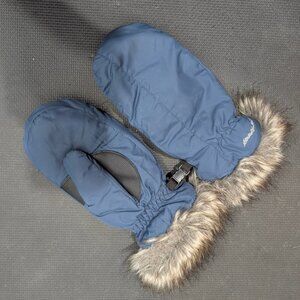 EUC Eddie Bauer Women's Medium Fleece Lined Fur Trim Mittens Blue Winter Warm